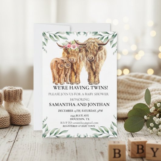 ハニーコー ハイランド ツイン ベイビー シャワー ユーカリ 招待状