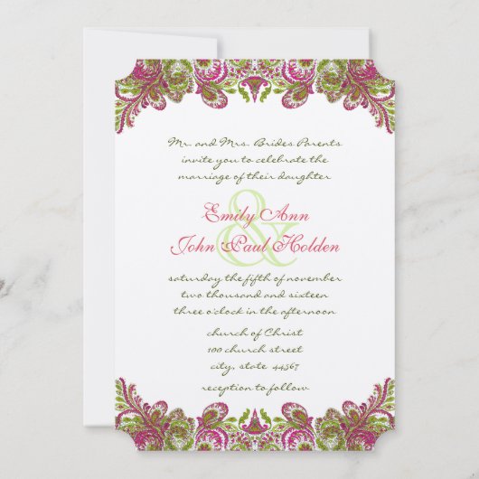 ハニーサックルピンクとアップルグリーンペイズリー結婚ズ 招待状 (裏面)