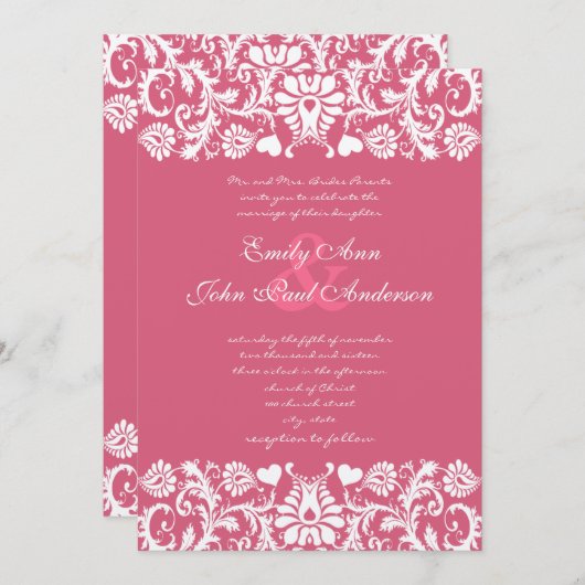 ハニーサックルピンクダマスクスワーズ結婚式招待状 招待状 (正面/裏面)