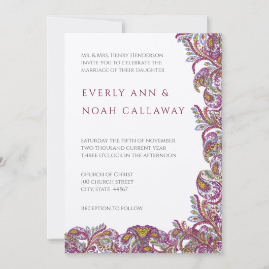 ハニーサックルペイズリーピーコック結婚式招待状 招待状 (正面)