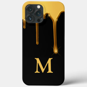 ハニードリップブラック金ゴールドイニシャルタイポグラフィハニカム iPhone 13 PRO MAXケース