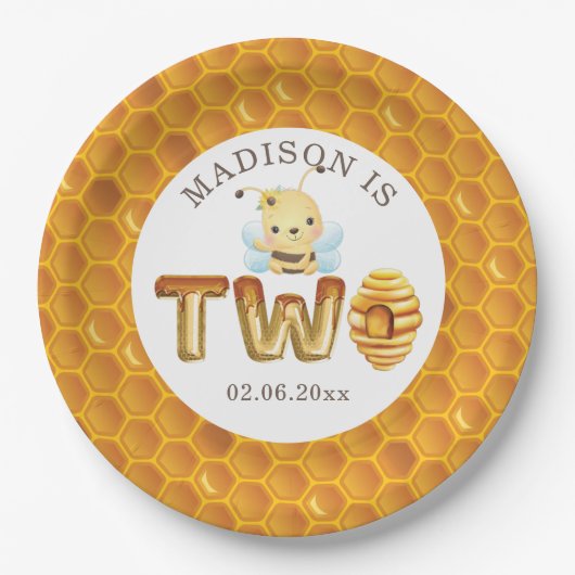 ハニーパーソナライズされたビーセカンド誕生日紙プレート ペーパープレート (正面)