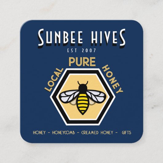 ハニービジネスカード六角ミツバチonブルー スクエア名刺 (正面)