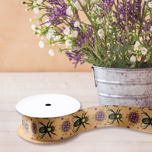 ハニービーとフラワーベージュナチュラル素朴フローラ サテンリボン