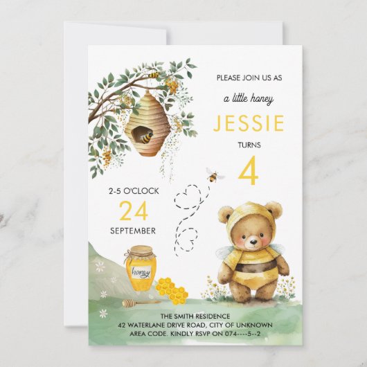 ハニービーと可愛いベアーウォーター子供の誕生日 招待状 (正面)