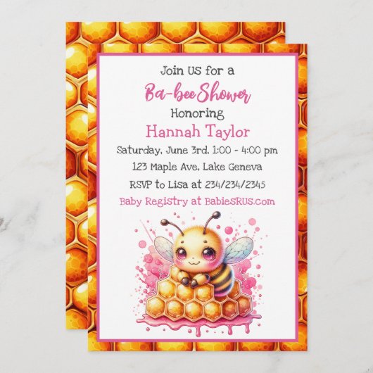 ハニービーをテーマにした少女の赤ちゃんシャワー 招待状 (正面/裏面)