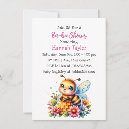 ハニービーをテーマにした少女の赤ちゃんシャワー 招待状 (正面)
