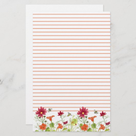 ハニービーオレンジのナスタティウムレッドコスモスが並ぶ 便箋 (正面/裏面)