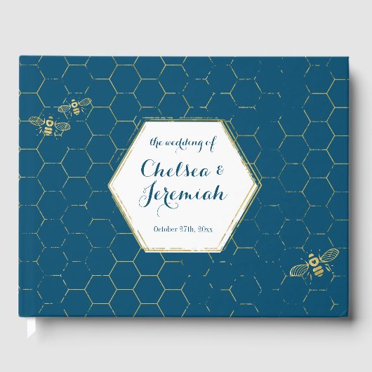 ハニービーティール（緑がかった色）金ゴールドパターンカスタムウェディング ゲストブック (正面)
