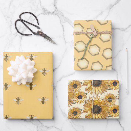 ハニービーハニカムヒマワリ養蜂場ギフトラップ ラッピングペーパーシート (正面)
