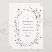 ハニービーパープルワイルドフラワー誕生日 招待状 (正面/裏面)