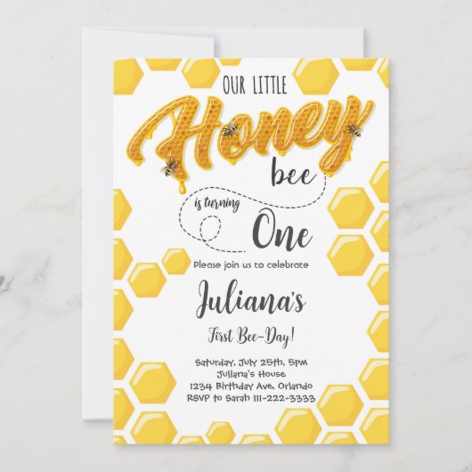 ハニービーファーストビーデイ誕生日招待状 招待状 (正面)