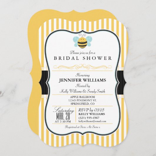 ハニービーブライダルシャワー招待状;黄ストライプ色 招待状 (正面/裏面)