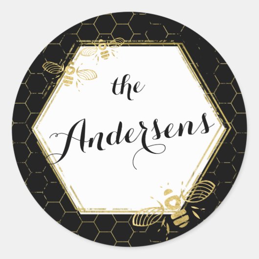 ハニービーブラック金ゴールド名前をカスタムするステッカー結婚ズ ラウンドシール (正面)