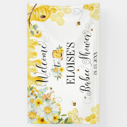 ハニービーベビーシャワーフローラ背景ウェルカム 横断幕 (縦)