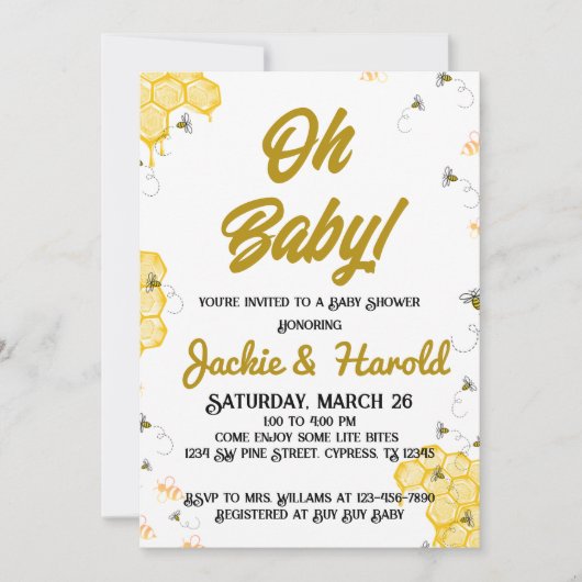 ハニービーベビーシャワー5x7招待状 招待状 (正面)