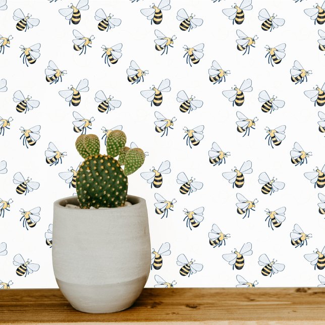 ハニービーホワイト 壁紙 (Pretty little yellow and  white honey bee pattern art wallpaper)