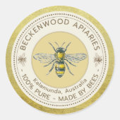 ハニービーラベル黄色の養蜂家の養蜂場金ゴールド ラウンドシール (正面)