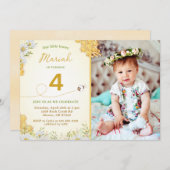 ハニービーワイルドフラワーガールバースデーパーティー写真 招待状 (正面/裏面)