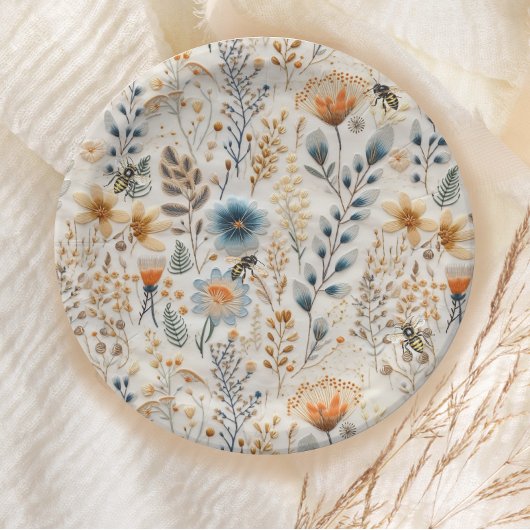 ハニービーヴィンテージブルーフローラベビーシャワー ペーパープレート