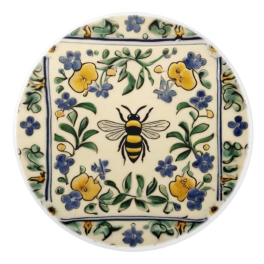 ハニービー伝統的ブルーイエロー地中海の セラミックノブ (正面)