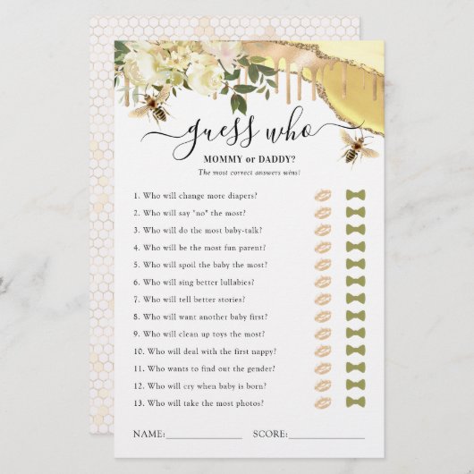 ハニービー推測ベビーシャワーゲーム (正面/裏面)