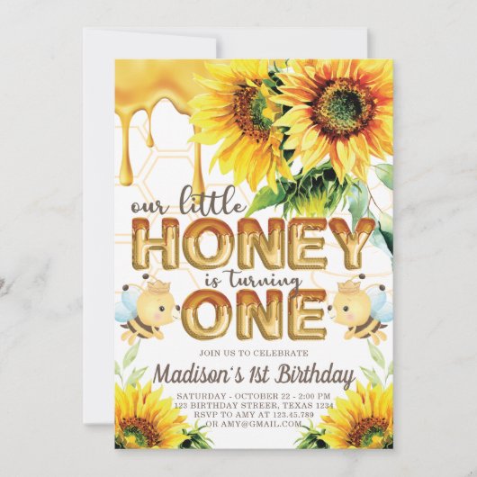ハニービー誕生日ひまわりファースト誕生日 招待状 (正面)