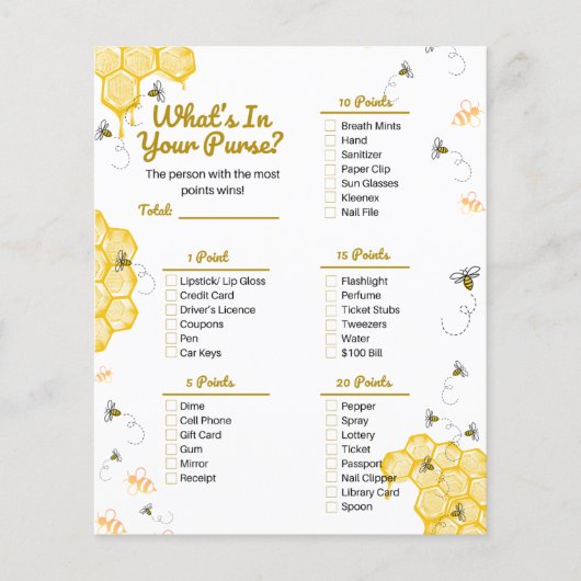 ハニービー赤ちゃんシャワーあなたの財布ゲームの中にあるものを (正面)