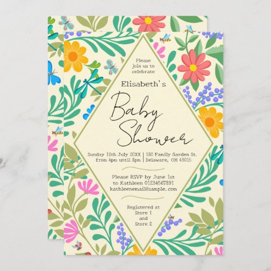 ハニービー、テングミ、蝶、トンボ、花 招待状 (正面/裏面)