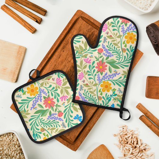 ハニービー、テングミ、蝶、トンボ、花 鍋つかみ&鍋敷きセット