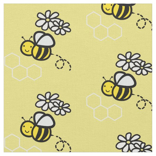 ハニービー&デイジーパターンイエロー ファブリック (クローズアップ)