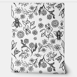 ハニービー&フラワーボホモダン白黒 壁紙