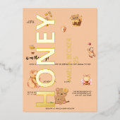 ハニービー、ベビーシャワー、蜂蜜が途中にある 箔招待状 (正面)