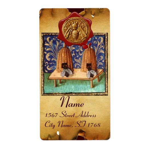 ハニービー，養蜂家レッドワックスシール，ブラウンパーチメント ラベル (正面)