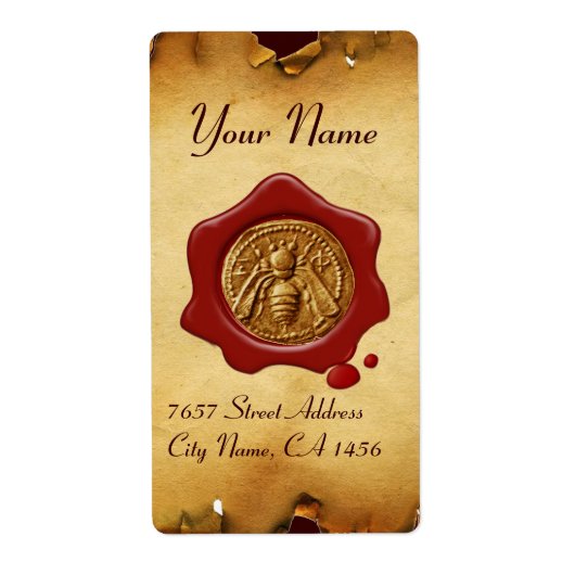 ハニービー，養蜂家レッドワックスシール，ブラウンパーチメント ラベル (正面)