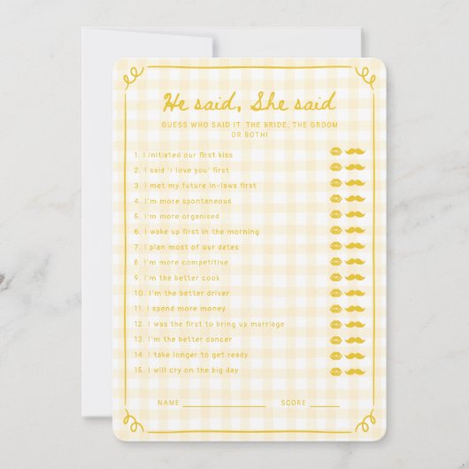 ハニーブライダルシャワー彼は彼女がゲームカードを言ったと言った 招待状 (正面)