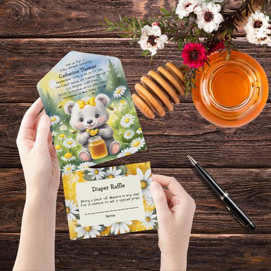 ハニーベアデイジーフラワーガーデン春ベビーシャワー オールインワン招待状