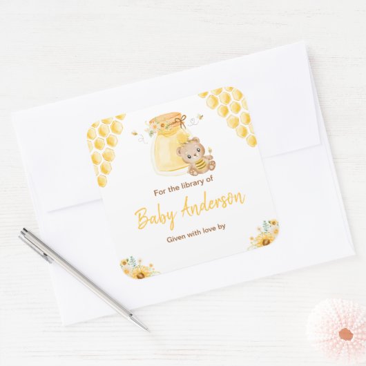 ハニーベアーベビーシャワー蔵書票 スクエアシール (封筒)