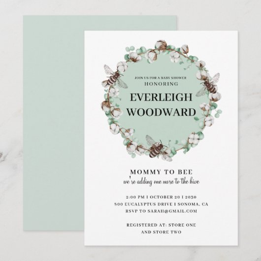 ハニーベイビーシャワー ミントグリーン招待状 招待状 (正面/裏面)