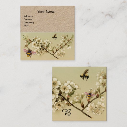 ハニーミツバチと野生バラモノグラムクラフト紙 スクエア名刺 (正面/裏面)