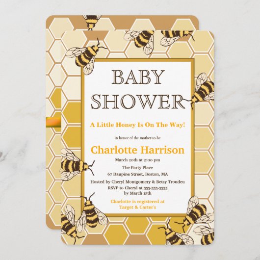 ハニーミツバチ&ハニーコーム中性ベビーシャワー 招待状 (正面/裏面)