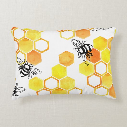 ハニーミツバチ：黄色の水色パターン アクセントクッション (正面)