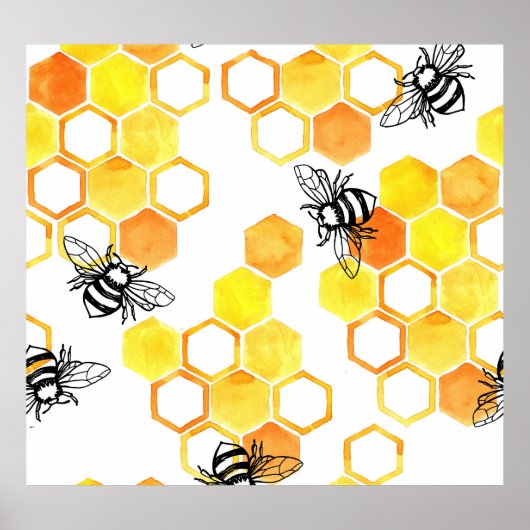 ハニーミツバチ:黄色の水色パターン ポスター (正面)