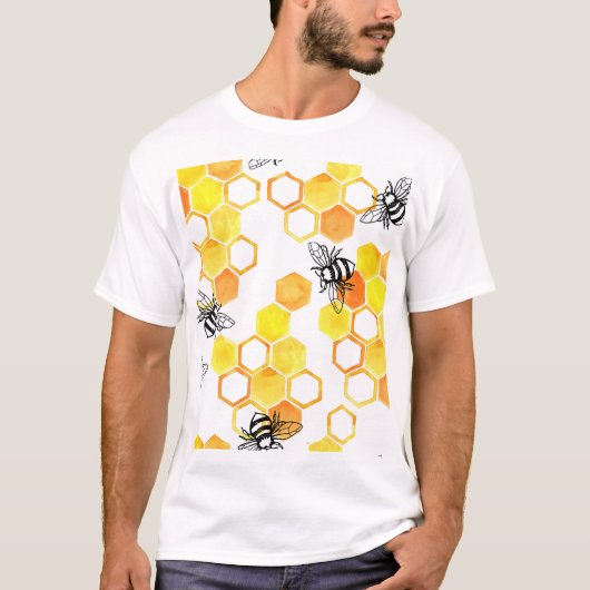ハニーミツバチ：黄色の水色パターン Tシャツ (正面)