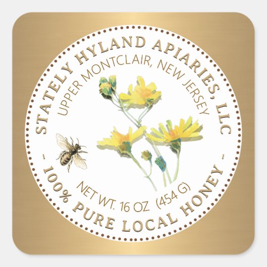 ハニーラベル黄色い花蜂と金ゴールド縁ど スクエアシール (正面)