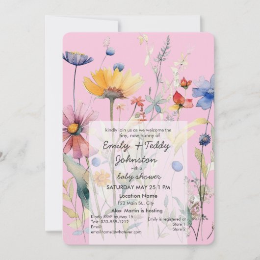 ハニーワイルドフラワーパステルピンクガール赤ちゃんシャワー 招待状 (正面)