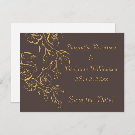 ハニー金ゴールド秋のフローラ結婚式の日付を保存 案内ポストカード (正面/裏面)