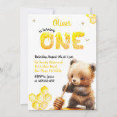 ハニー魅力的イエローキュートベアファースト誕生日 招待状 (正面)