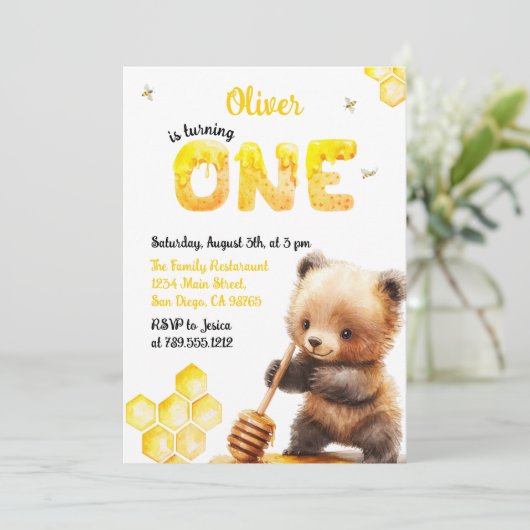 ハニー魅力的イエローキュートベアファースト誕生日 招待状 (スタンド正面)