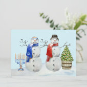 ハヌカとクリスマスの雪だるま　水彩画 シーズンカード (スタンド正面)